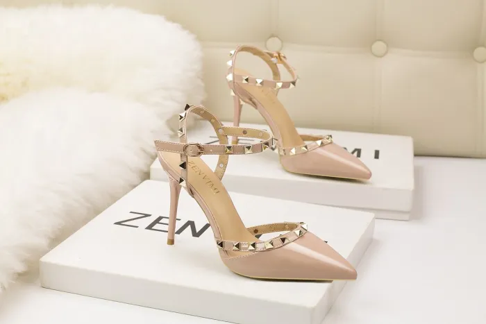 9CM Sweet Shallow Pointed Rivet PU Hollow Dress Elegant Sandals