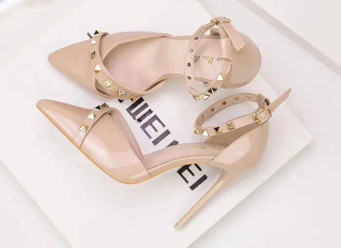 10CM Sexy Rivets Shallow Pointed Elegant Dress Heeled Sandals