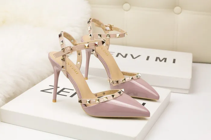 9CM Sweet Shallow Pointed Rivet PU Hollow Dress Elegant Sandals