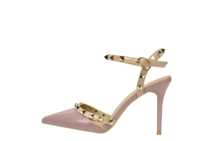 9CM Sweet Shallow Pointed Rivet PU Hollow Dress Elegant Sandals