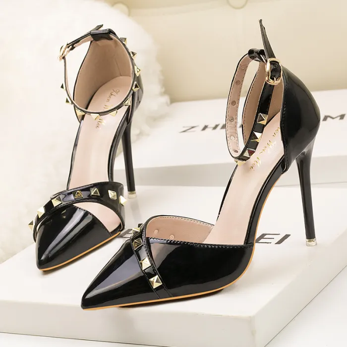 10CM Sexy Rivets Shallow Pointed Elegant Dress Heeled Sandals