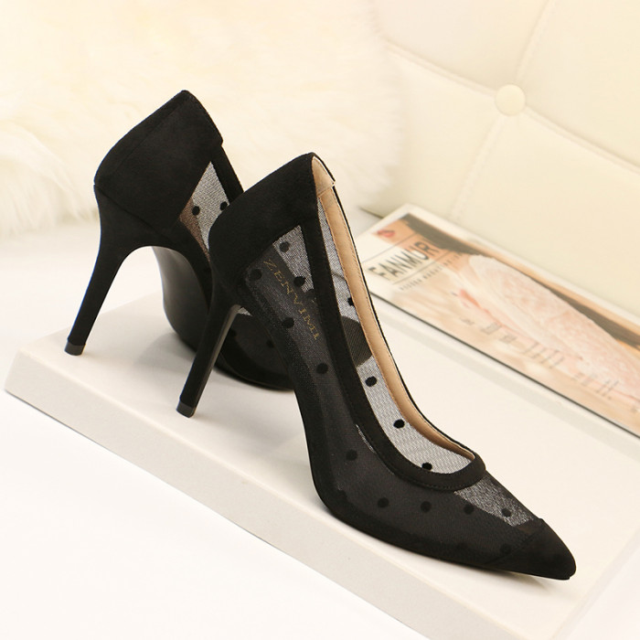 9CM Fine-heeled Polka Dot Mmesh Lace Shallow Dress Sandals