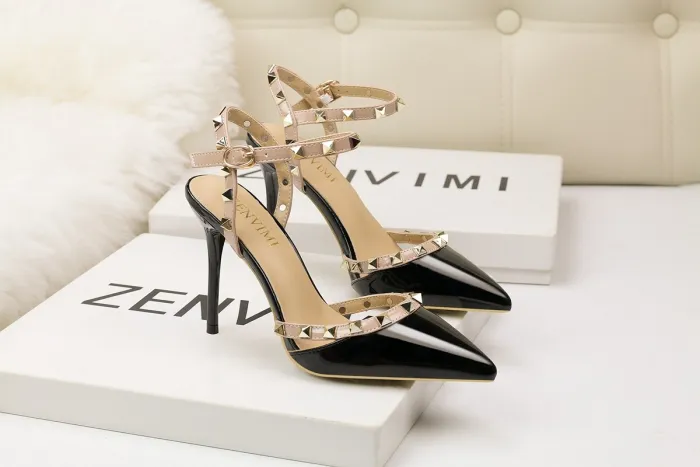 9CM Sweet Shallow Pointed Rivet PU Hollow Dress Elegant Sandals