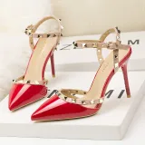 9CM Sweet Shallow Pointed Rivet PU Hollow Dress Elegant Sandals