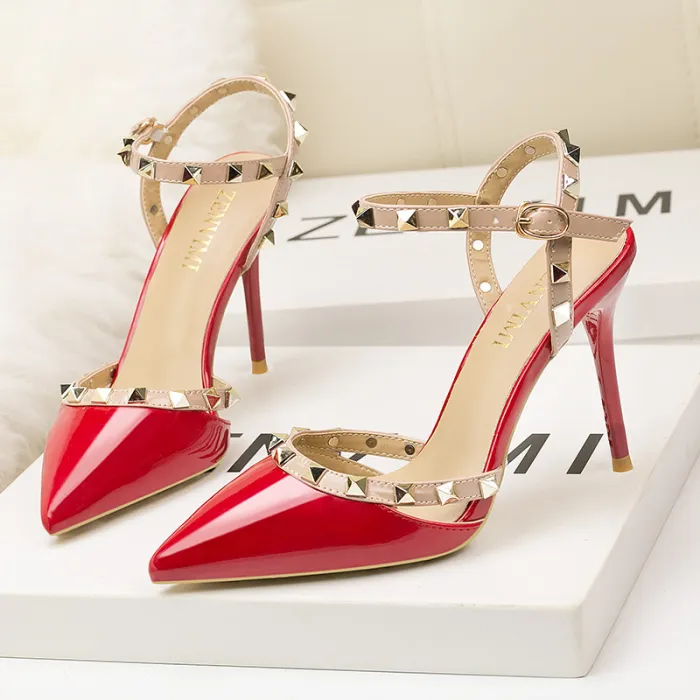 9CM Sweet Shallow Pointed Rivet PU Hollow Dress Elegant Sandals
