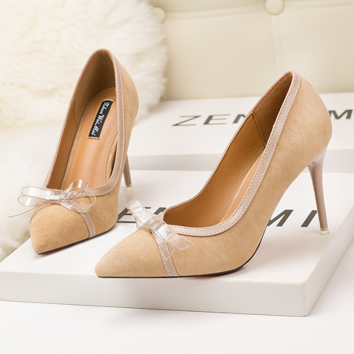9CM Sweet Shallow Pointed Suede Bow-knot Elegant Heeled Sandals