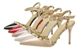 9CM Sweet Shallow Pointed Rivet PU Hollow Dress Elegant Sandals