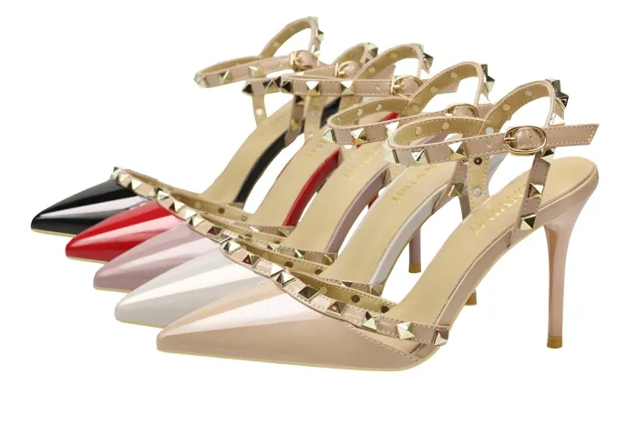 9CM Sweet Shallow Pointed Rivet PU Hollow Dress Elegant Sandals