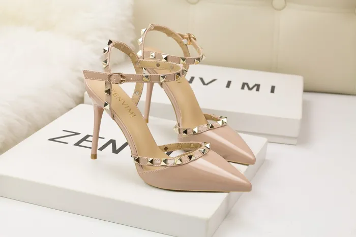 9CM Sweet Shallow Pointed Rivet PU Hollow Dress Elegant Sandals