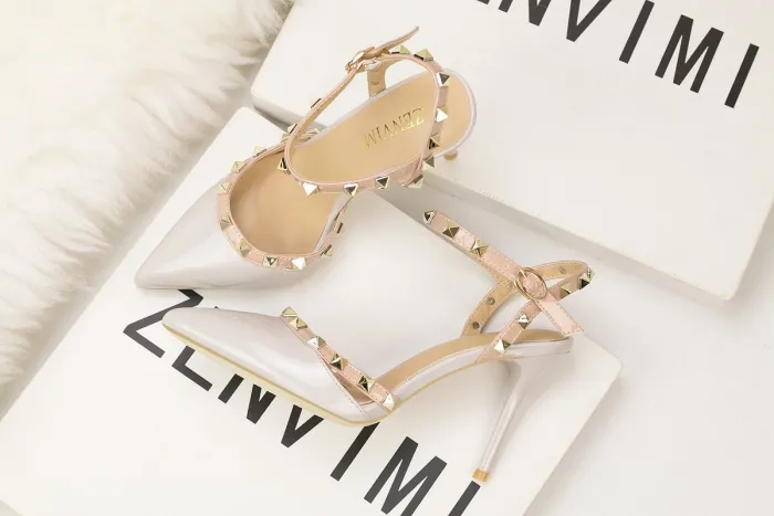 9CM Sweet Shallow Pointed Rivet PU Hollow Dress Elegant Sandals