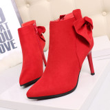 9.5CM Sexy Ankle Straps Bow Suede Short Boots High Heel Pointed Toe