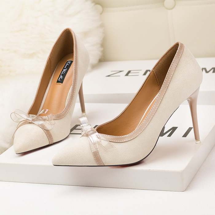 9CM Sweet Shallow Pointed Suede Bow-knot Elegant Heeled Sandals
