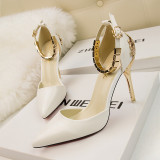 10CM Carved Metal Chain Pointed Toe Dress Wedding Party Elegant Heeled Sandals