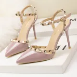 9CM Sweet Shallow Pointed Rivet PU Hollow Dress Elegant Sandals