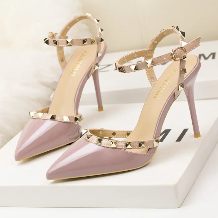 9CM Sweet Shallow Pointed Rivet PU Hollow Dress Elegant Sandals