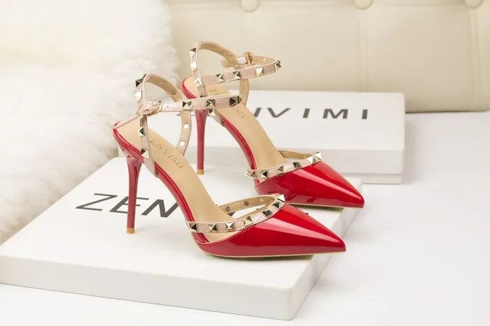 9CM Sweet Shallow Pointed Rivet PU Hollow Dress Elegant Sandals