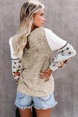 Khaki Contrast Printed Sleeve Knit Sweatshirts