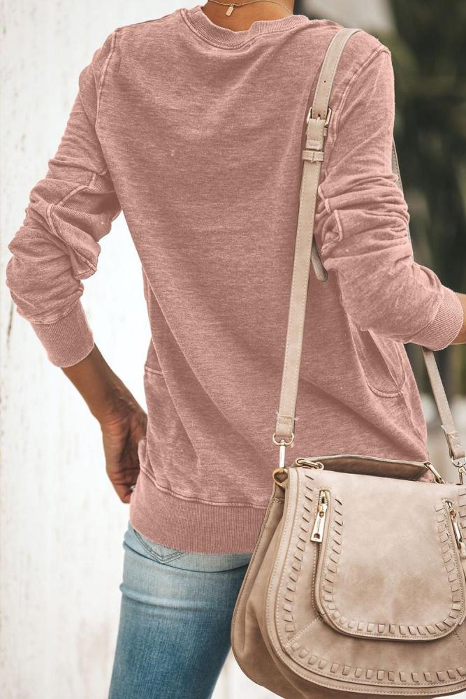 Pink Crewneck Long Sleeve Casual Solid Sweatshirt