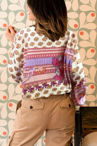 White Vintage Print V Neck Sweatshirt