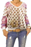 White Vintage Print V Neck Sweatshirt