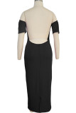 Wine Red Chemical fiber blend Sexy Off The Shoulder Short Sleeves One word collar Step Skirt Ankle-Length Solid Striped backless Patchwork Club Dresses QM311446