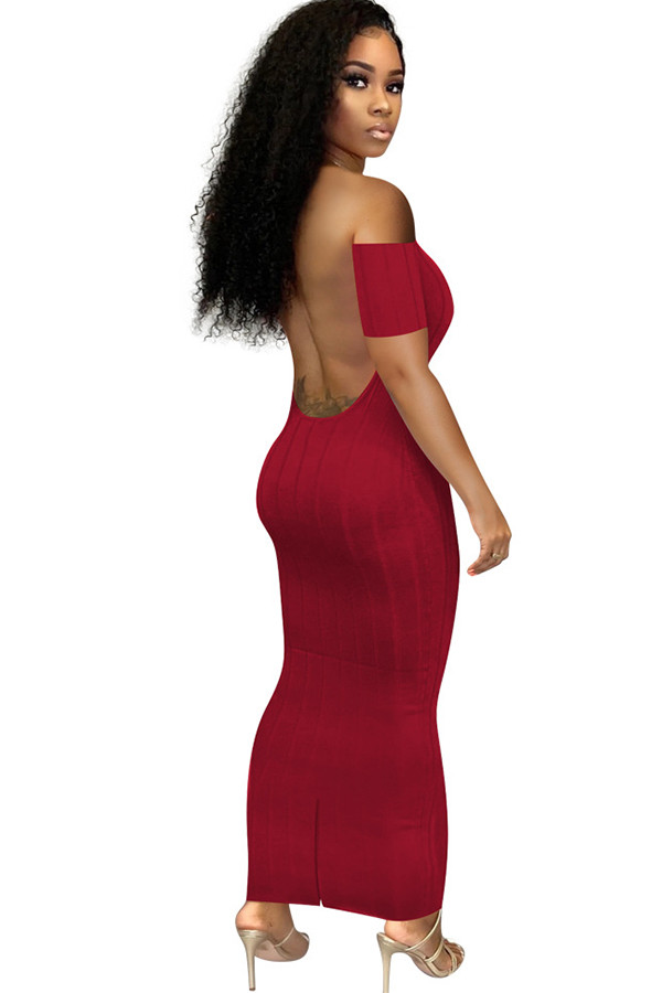 Wine Red Chemical fiber blend Sexy Off The Shoulder Short Sleeves One word collar Step Skirt Ankle-Length Solid Striped backless Patchwork Club Dresses QM311446