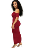 Wine Red Chemical fiber blend Sexy Off The Shoulder Short Sleeves One word collar Step Skirt Ankle-Length Solid Striped backless Patchwork Club Dresses QM311446