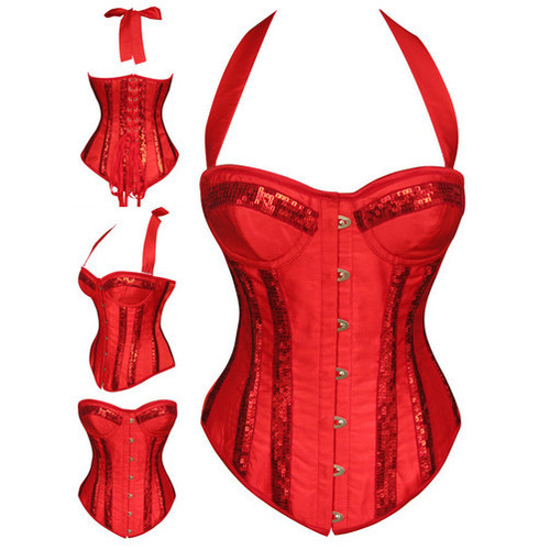 lxm-1452-1012 Red Lace up Satin Corset Bustier Top