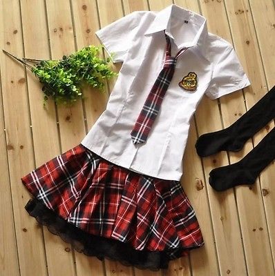 High College School Girl Uniform Sailor Shirt Plaid Skirt Cosplay Costume Dress