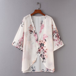 D2008 Women Floral Print Chiffon Loose Shawl Kimono Cardigan Top