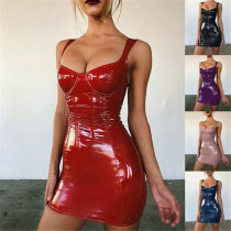 6667 PU Leather Dress Women Spaghetti Strap Dress