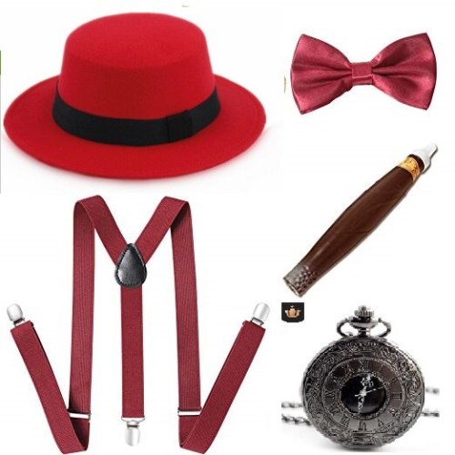 Ecoparty 1920s Mens Gatsby Gangster Accessories Set Panama Hat Suspender Bow Tie 1920s mens accessories set
