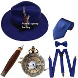 1920s Mens Gatsby Costume Accessories,Manhattan Fedora Hat w/Feather,Vintage Pocket Watch,Suspenders,Pre Tied Bow Tie Coldker