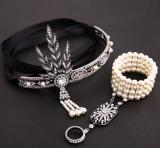 1920s Great Gatsby Party Costume Accessories Set 20s Flapper Art Deco Headband Pearl Bracelet Ring Hand Accessories  2 Pcs Set