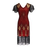 Embellished Beaded Sequin Dress Robe Vestidos Women 1920s Flapper Dress Vintage V Neck Butterfly Sleeve Long Great Gatsby Dress