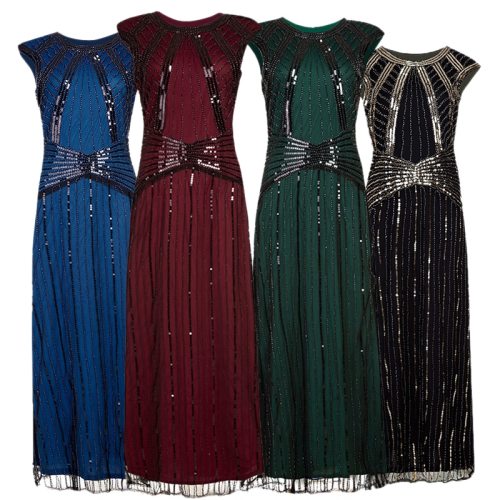 Women 1920s Vintage Long Dress Embellished Great Gatsby Round Neck Retro Costume Lady Sequin Maxi Dress Formal Prom-Gown