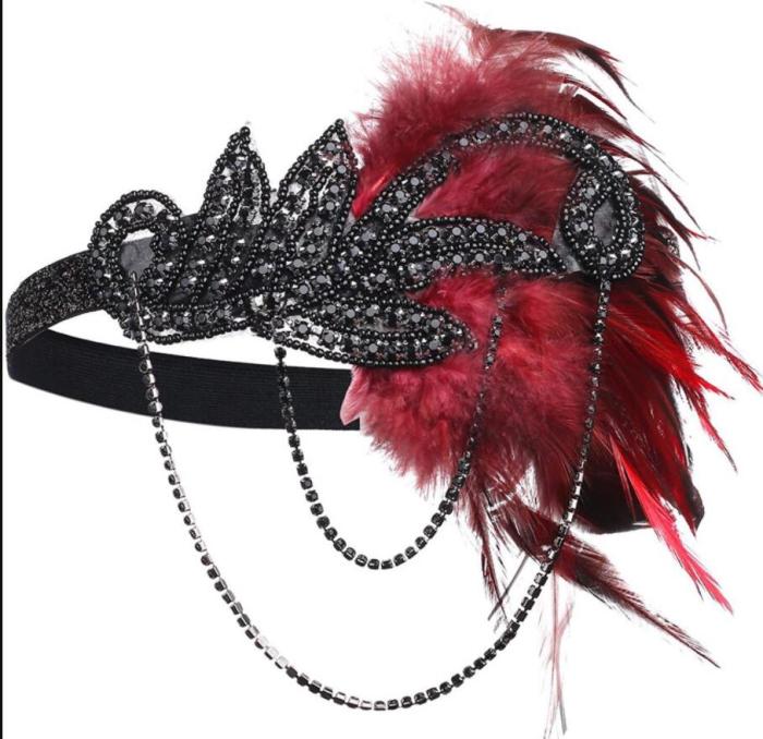 Silver 1920's Headband Flapper Headpiece Great Gatsby feather beaded headband Chain
