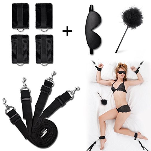 cob Restraints Kit Eye Mask Cuffs Tickler Fetish Bondage System Fits Any Size Mattress (Black)