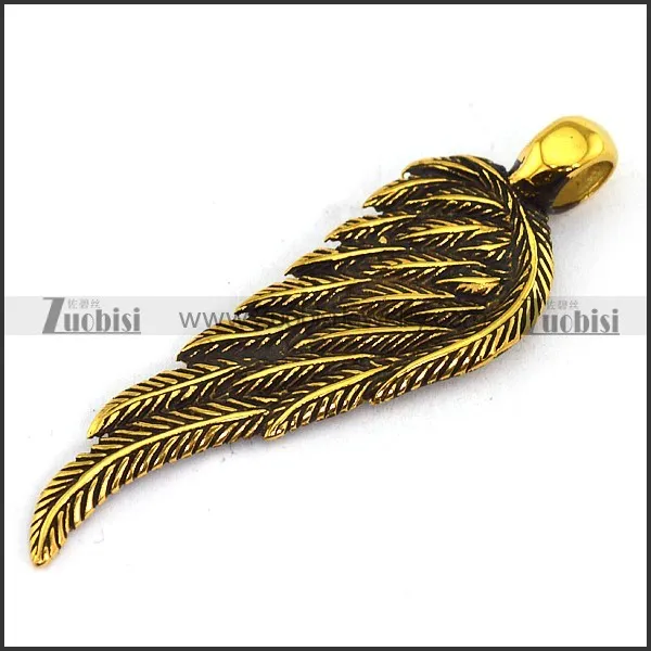 Retro Gold Stainless Steel Feather Pendant p003034