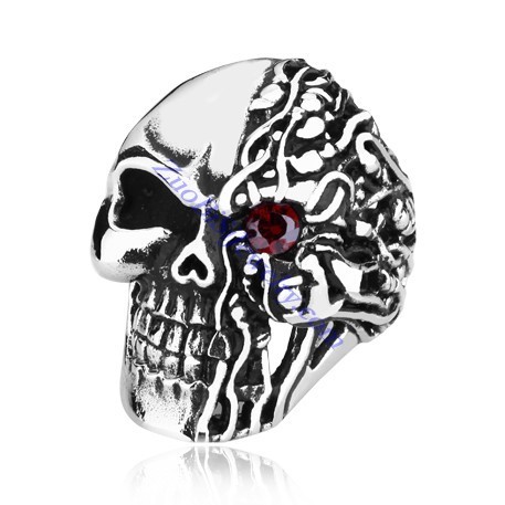 The lousy face Skull Ring in Stainless Steel with Ruby Stone -JR350222