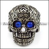 Antique Silver Stainless Steel Blue Eyes Flower Skull Ring r004304