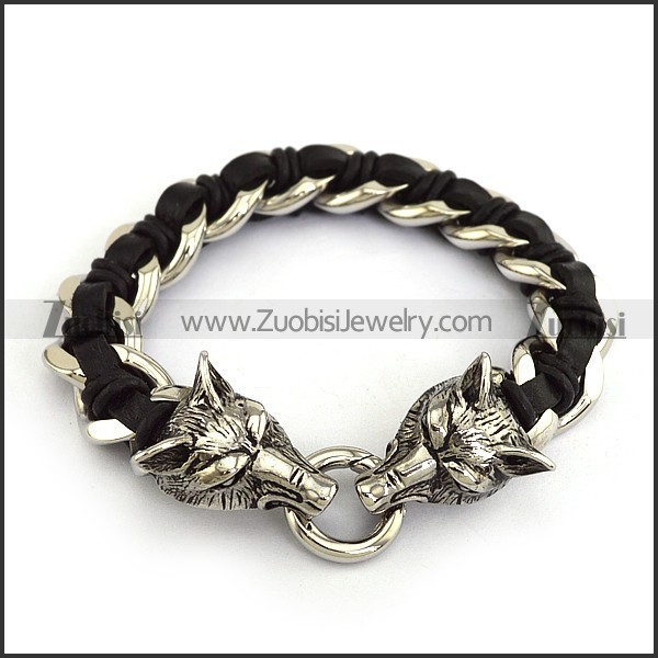 Black Leather Chain Bracelet with 2 Wolf Heads b005223