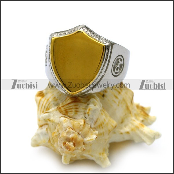 golden stainless steel blank shield face signet ring with silver ring set r005212