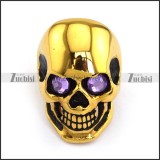 Gold Skull Ring in Steel with Purple Rhinestone Eyes r002011