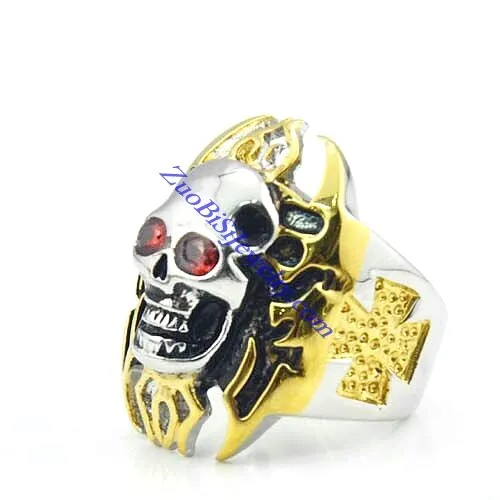 Flaming Skull Ring with Gold Tone Iron Cross and Ruby Stone JR500001