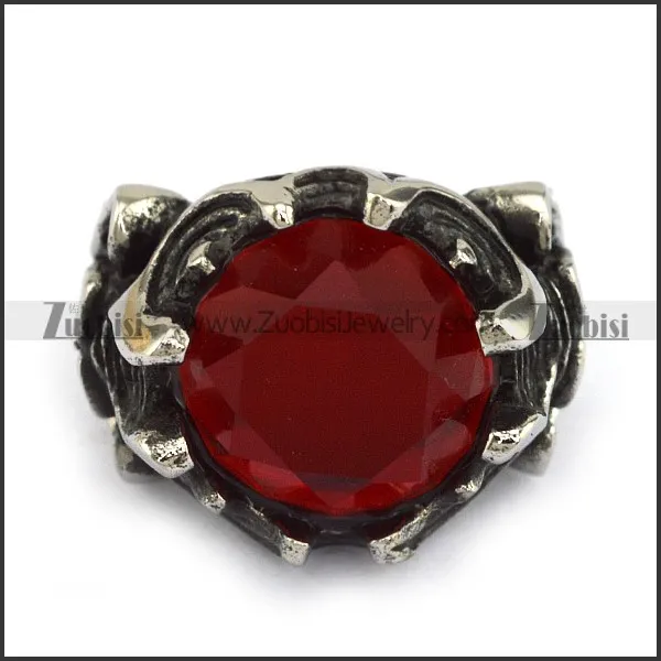 Stainless Steel Skull Engagement Ring with Clear Red Facted Stone r002705