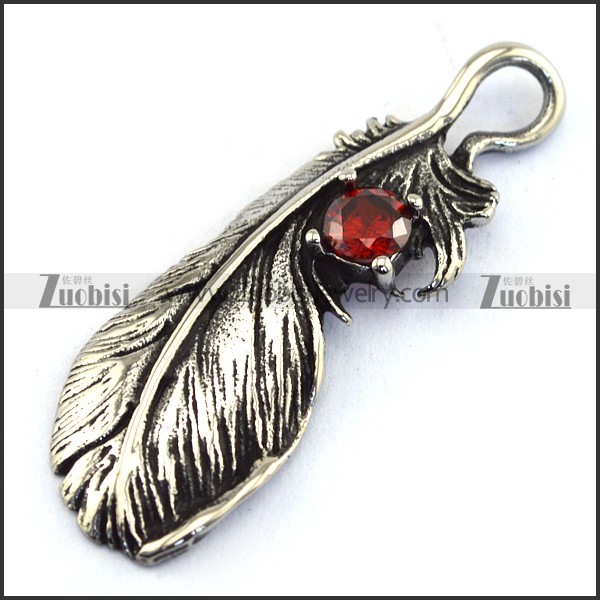 Retro Feather Charm w Clear Red Rhinestone p003476