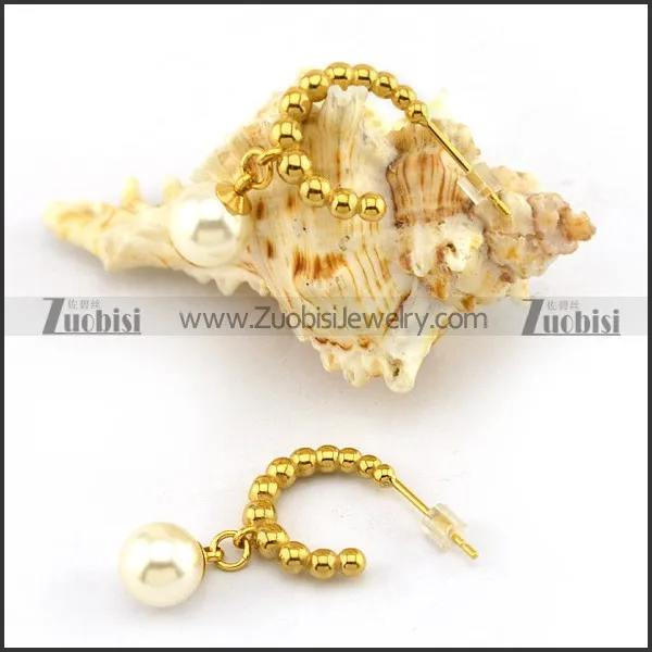 Shiny Gold Steel Bead Earring Hoop with Pearl e001217
