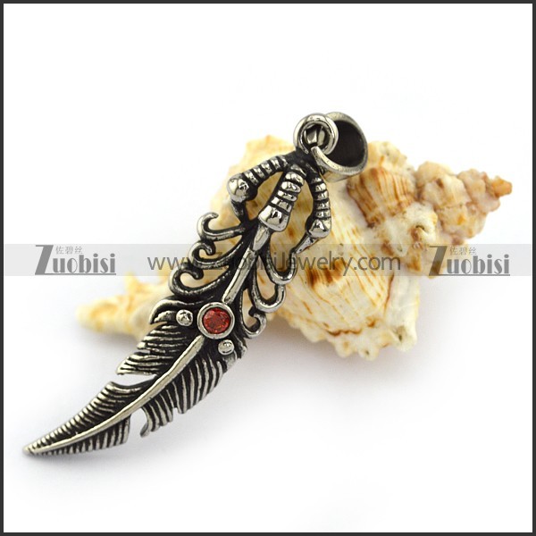 Red Rhinestone Stainless Steel Paw Feather Charm p004216