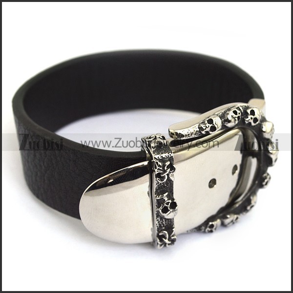 Belt Shaped Leather Bracelet with Big Skull Belt Head b004488